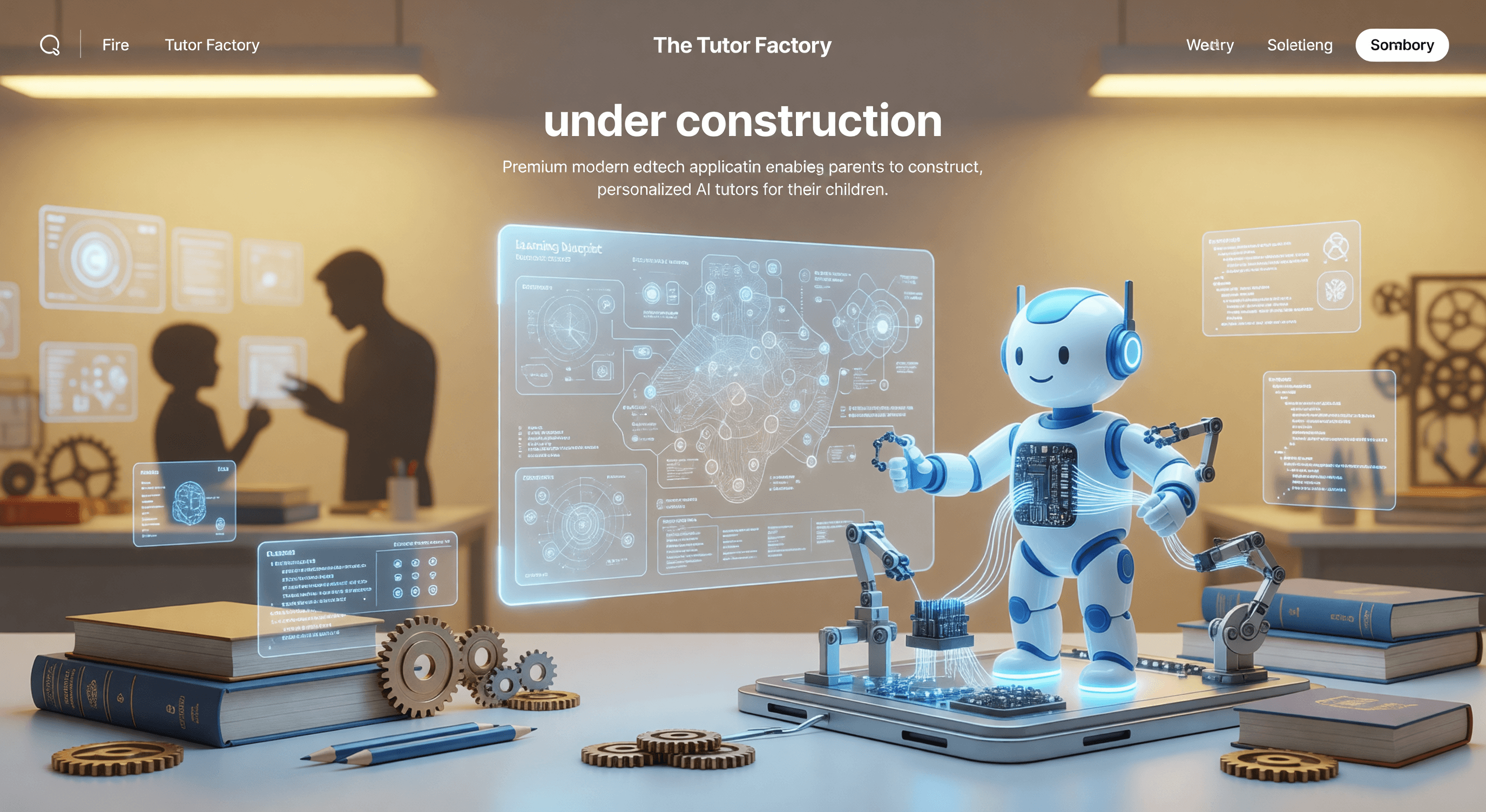 A futuristic Tutor Factory workshop where personalized AI tutors are being built